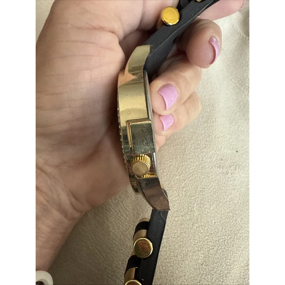 Unisex Watch Luxury‎ Hip Hop Full Iced Face Gold Finished Black   Band  4303